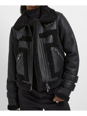 HiSO Doll Black Shearling Biker Jacket Womens Size Large Cropped Aviator Coat